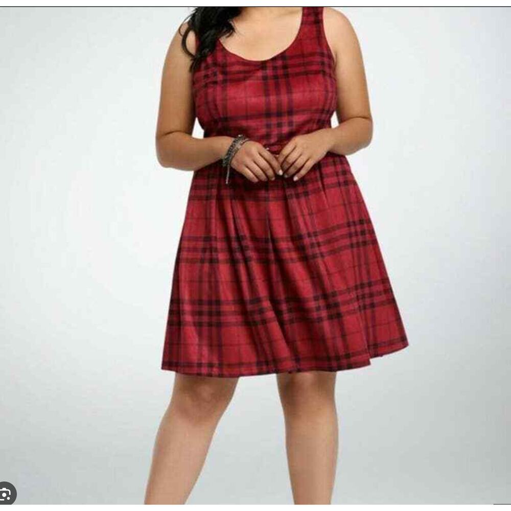Torrid Red Faux Suede Brushed Plaid Skater Fit & Flare Dress Plus Size 24